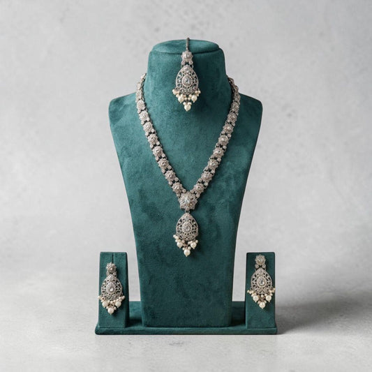 Silver Tone Bridal Jewelry Set, CZ Necklace Set with Earrings & Maang Tikka