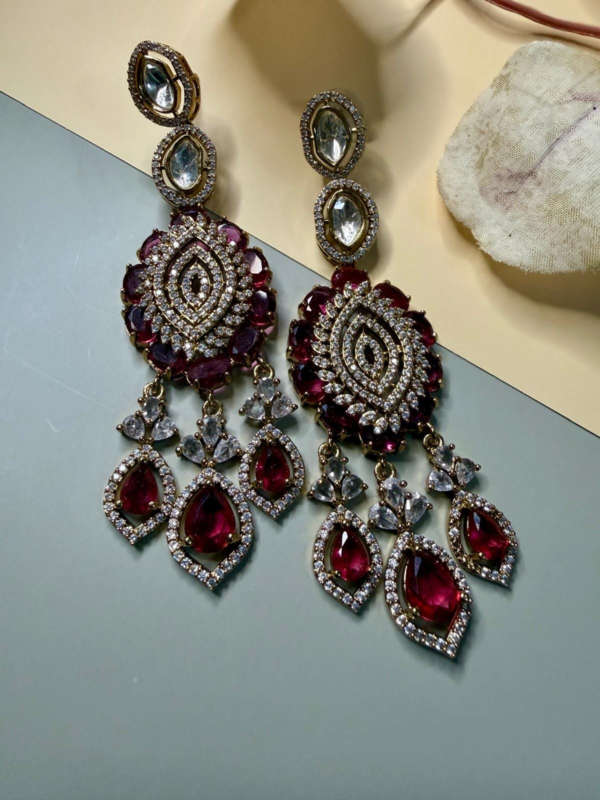 Luxury Statement Drop Earrings, Kundan Style Bridal Earrings