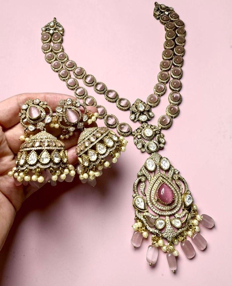 Kundan Style Necklace Set with Jhumka Earrings, Statement Bridal Jewelry
