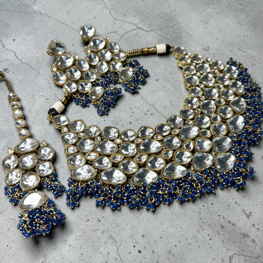Kundan Style Choker Necklace Set with Earrings & Maang Tikka, Statement Bridal Jewelry