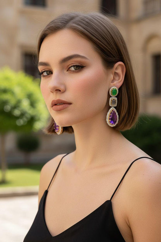 Handmade Green Jade & Purple Gemstone Drop Earrings, Gold Tone Halo Dangle Earrings