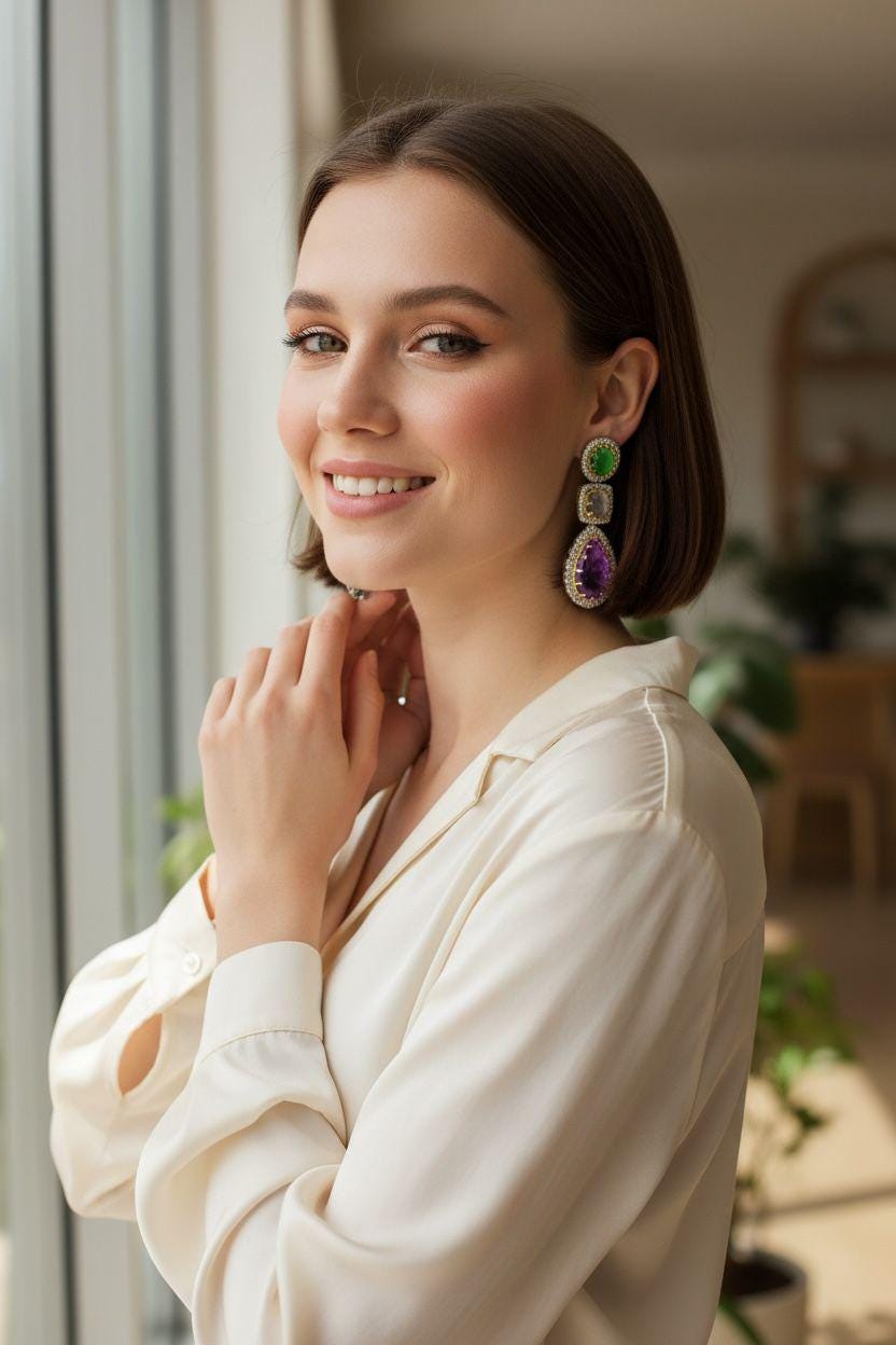 Handmade Green Jade & Purple Gemstone Drop Earrings, Gold Tone Halo Dangle Earrings