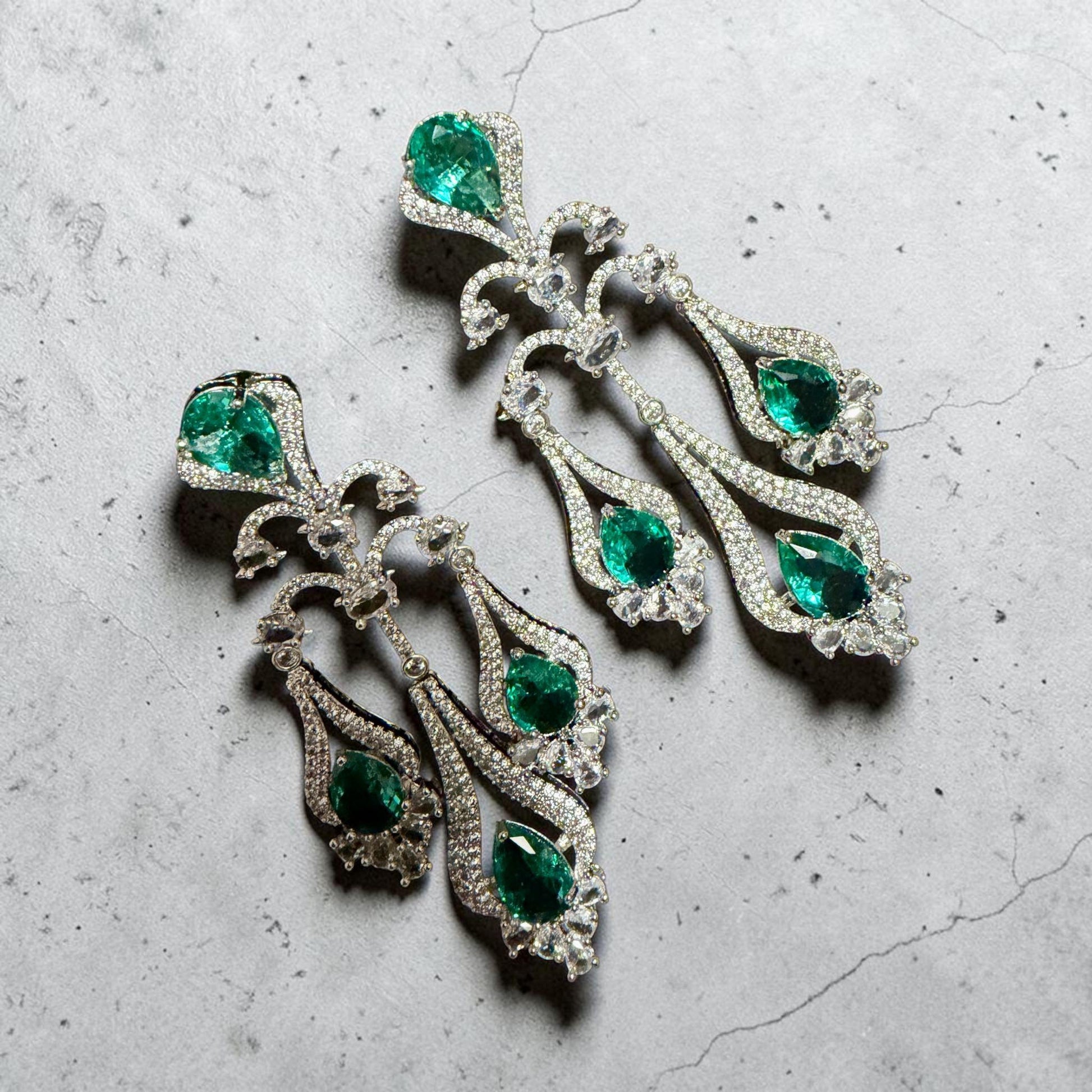 Emerald Green Teardrop Chandelier Earrings, Luxury Bridal Dangle Earrings, Silver Tone Statement Wedding Jewelry.
