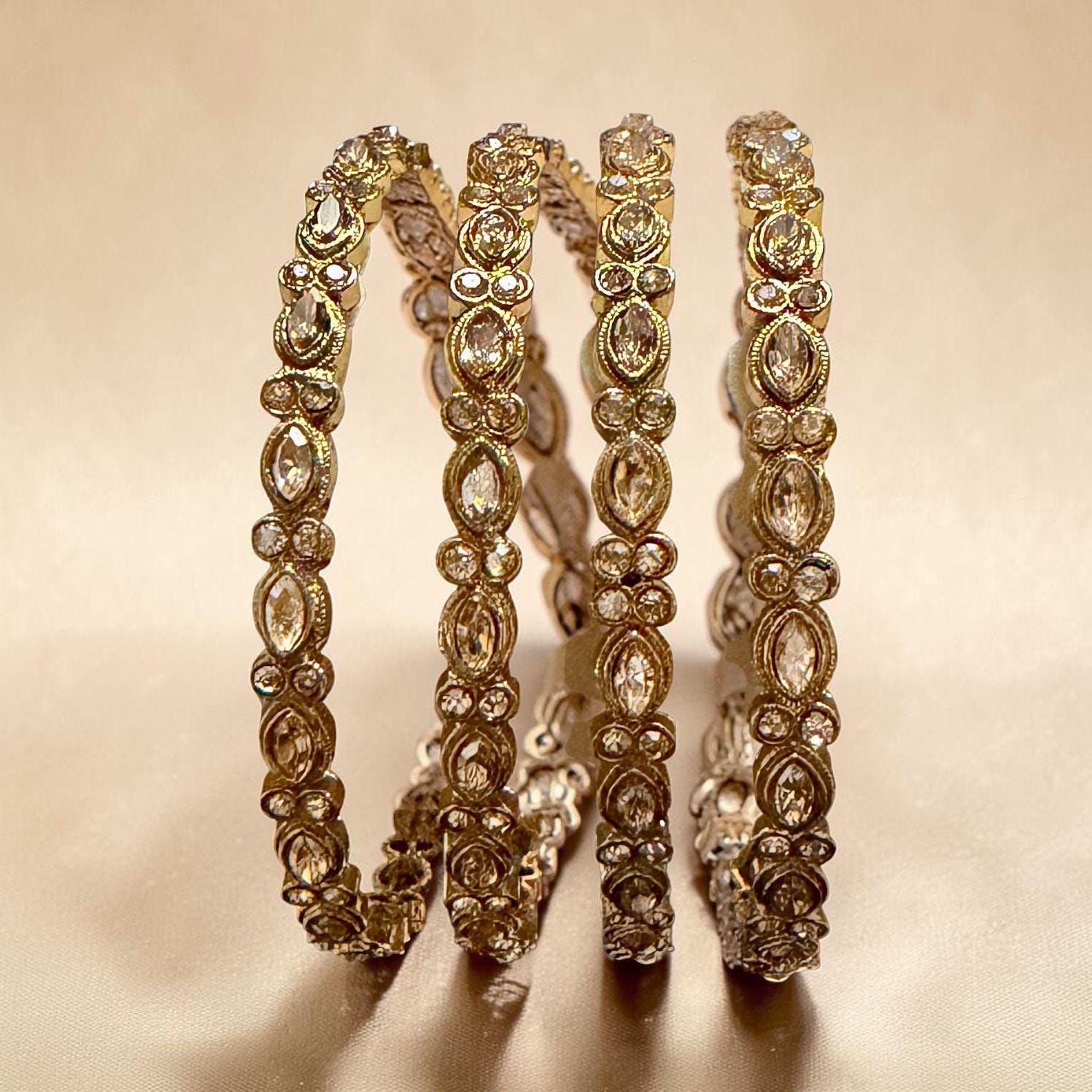 Regal Kundan Stack Bangles Set, Gold Bridal Bangles, Traditional Indian Pakistani Wedding Kada Set.
