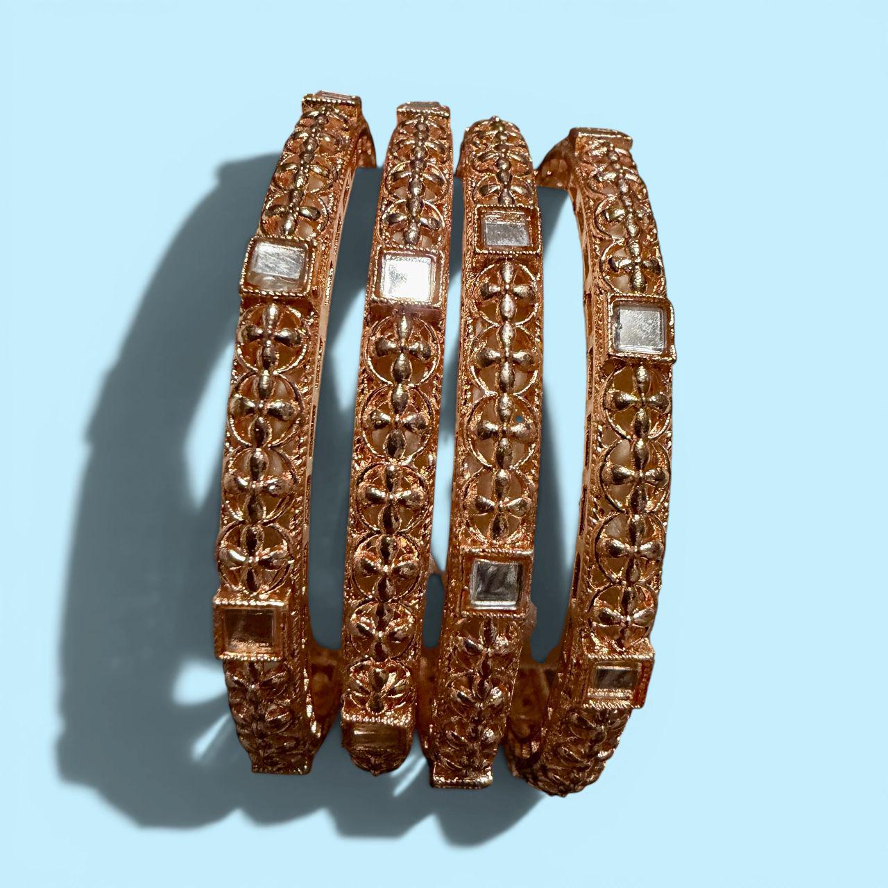 Rose Gold Mirror Floral Bangles Set, Vintage Ethnic Kadas, Elegant Wedding Bangles for Women