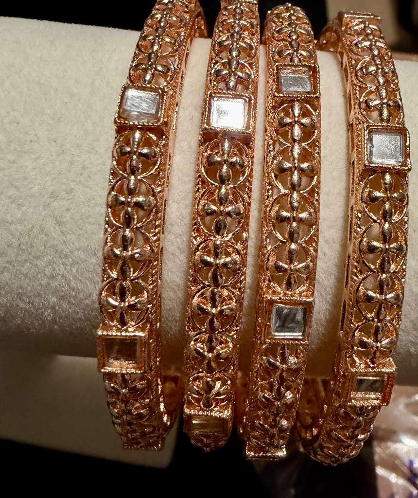 Rose Gold Mirror Floral Bangles Set, Vintage Ethnic Kadas, Elegant Wedding Bangles for Women