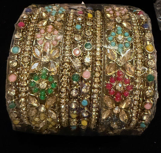 Bohemian Multicolor Floral Bangles Set, Vintage Statement Kadas, Festive Wedding Bangles Polki kundan