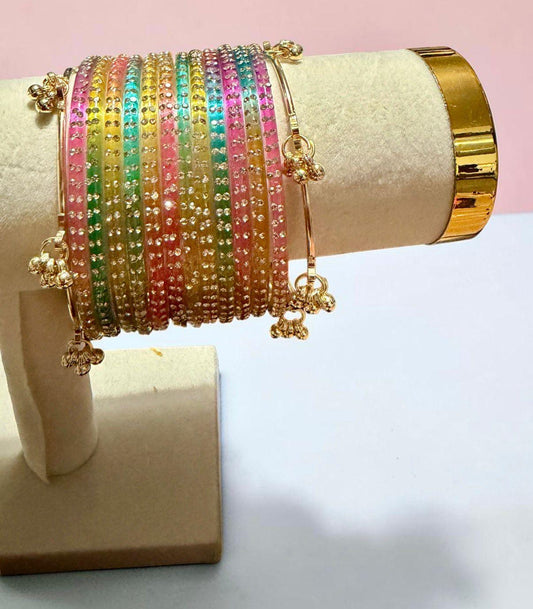 Colorful Glass Bangle Set, Adjustable Festival Bangles, Gold Tone Traditional Bracelet Stack