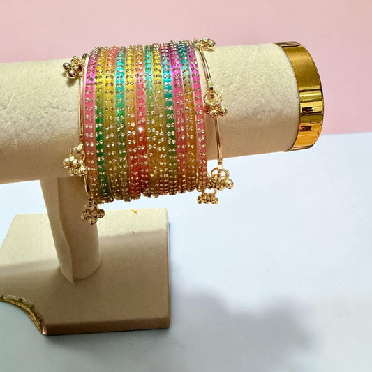 Colorful Glass Bangle Set, Adjustable Festival Bangles, Gold Tone Traditional Bracelet Stack