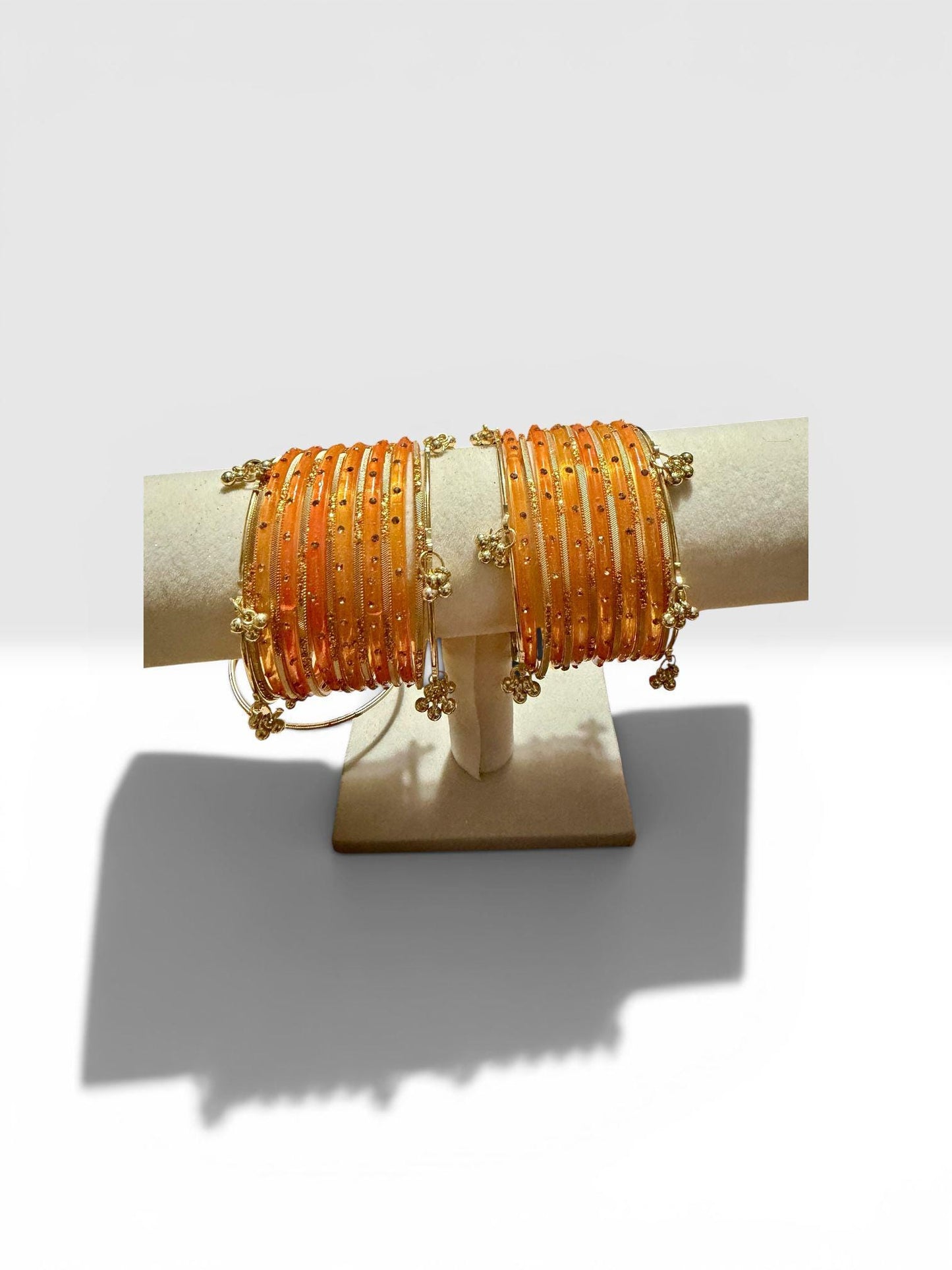 Orange Bridal glass Kashmiri Set with Gold Tone Bangles, Punjabi Wedding Chura.