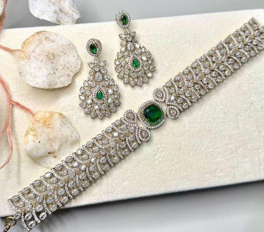 Luxury Bridal Choker Necklace Set with Statement Earrings, Silver Tone Wedding Jewelry