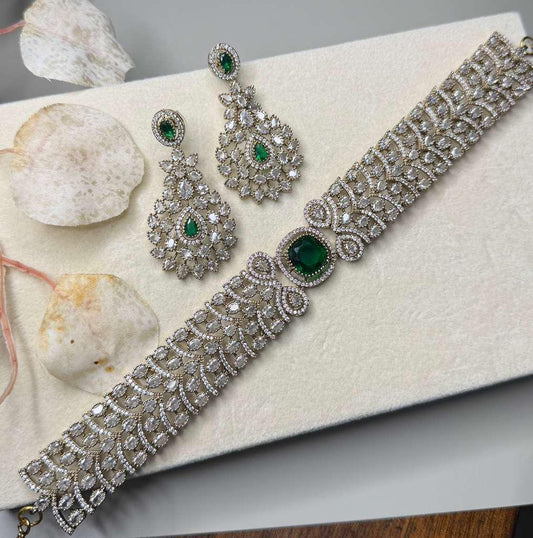 Luxury Bridal Choker Necklace Set with Statement Earrings, Silver Tone Wedding Jewelry