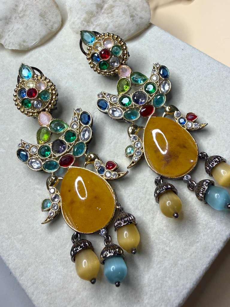 Statement Gemstone Drop Earrings, Gold Plated Ethnic Dangle Earrings