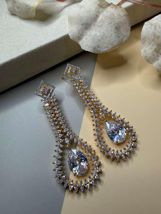Luxury CZ Teardrop Statement Earrings, Gold Plated Bridal Drop Earrings