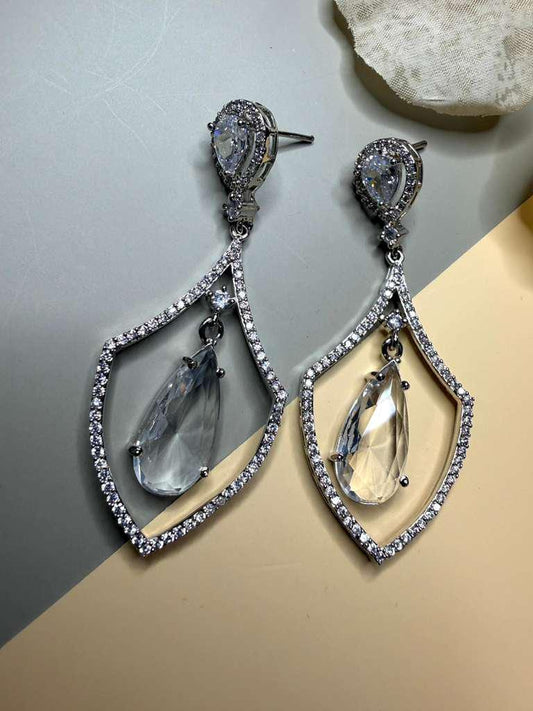 Luxury CZ Teardrop Dangle Earrings, Silver Tone Statement Earrings