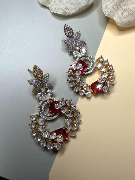 Luxury CZ Floral Hoop Earrings, Gold Plated Statement Dangle Earrings