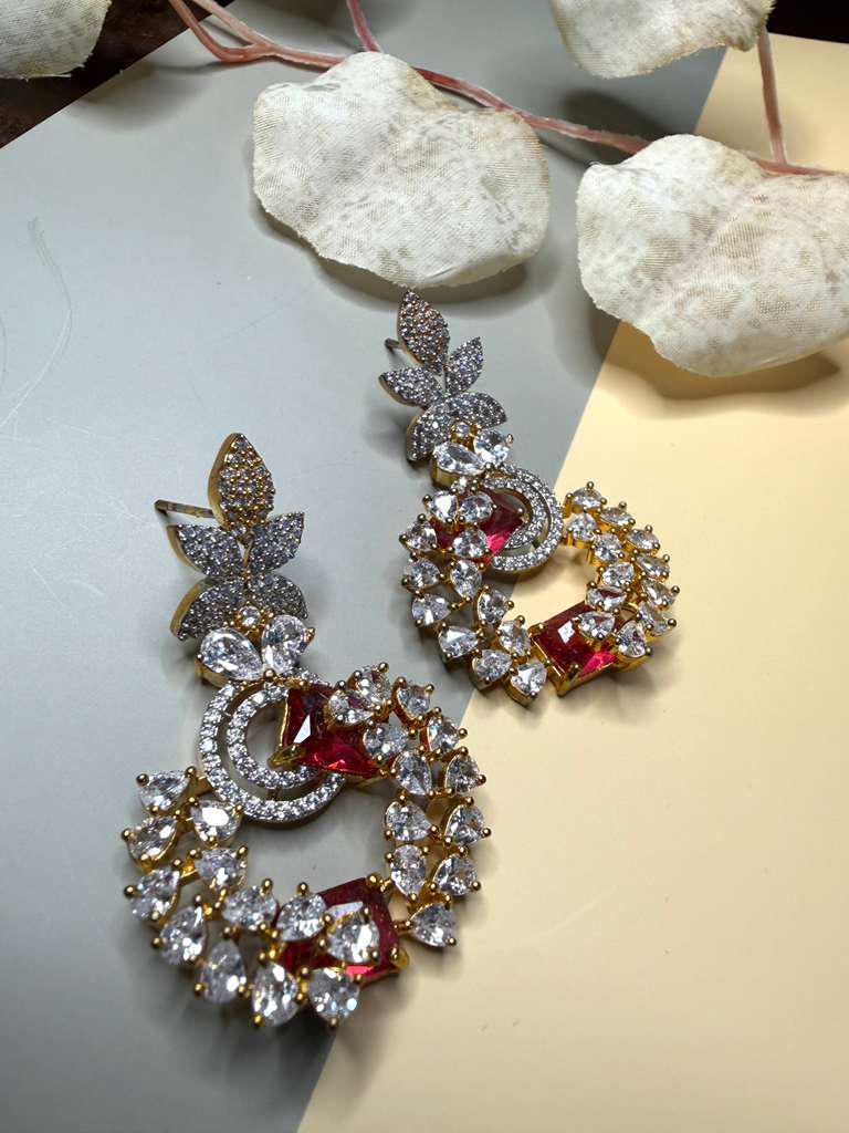 Luxury CZ Floral Hoop Earrings, Gold Plated Statement Dangle Earrings