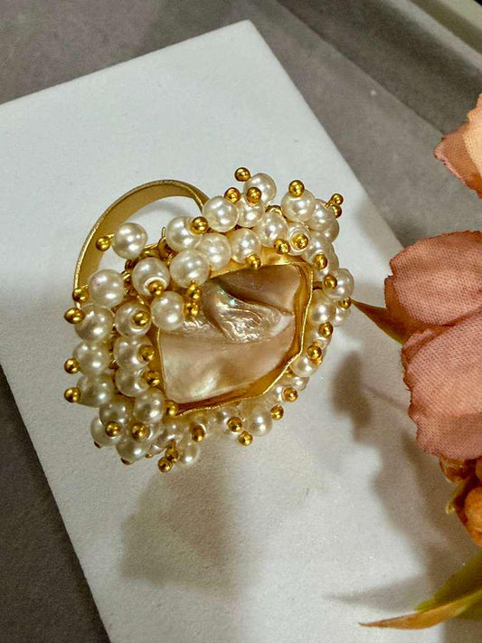 Baroque Pearl Statement Ring, Gold Plated Adjustable Cocktail Ring