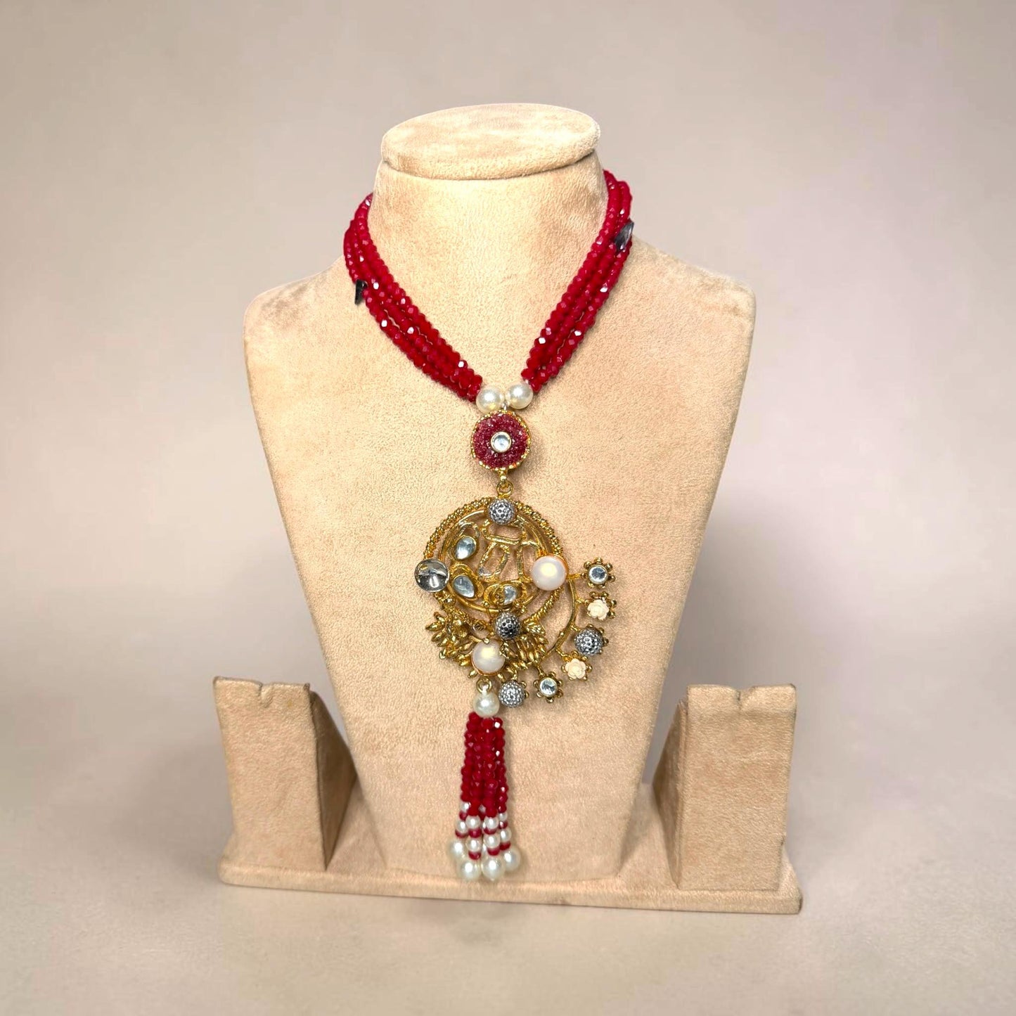 Red Beaded Statement Tassel Necklace for Women, Artisan Pendant Necklace, Ethnic Fusion Jewelry.