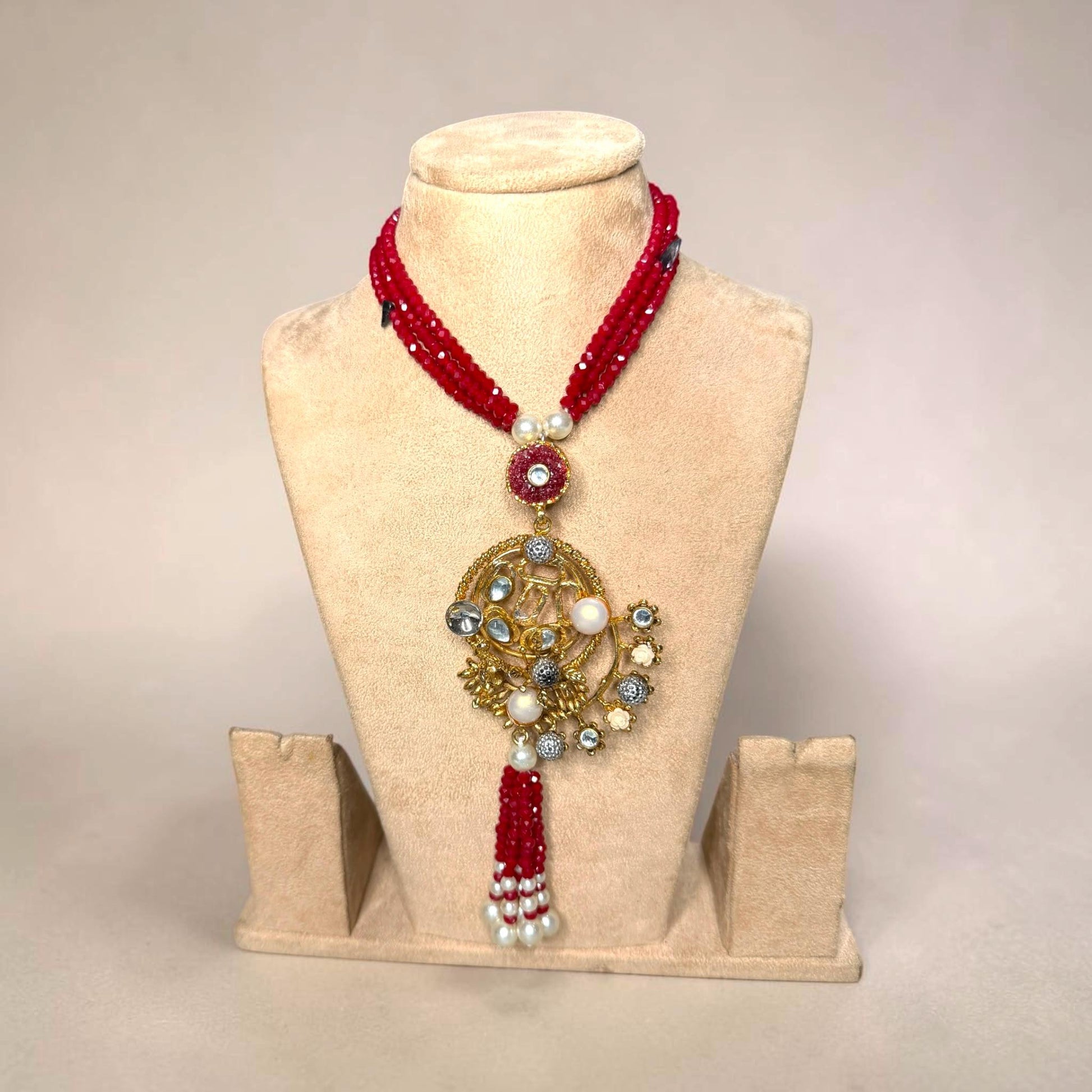 Red Beaded Statement Tassel Necklace for Women, Artisan Pendant Necklace, Ethnic Fusion Jewelry.