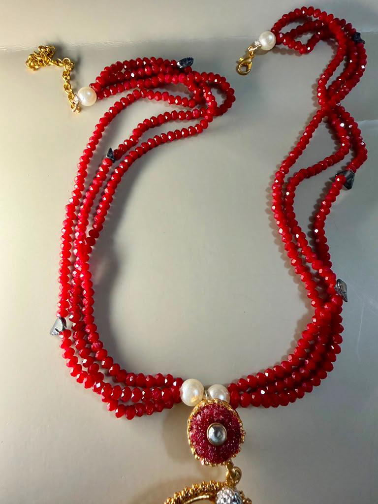 Red Beaded Statement Tassel Necklace for Women, Artisan Pendant Necklace, Ethnic Fusion Jewelry.