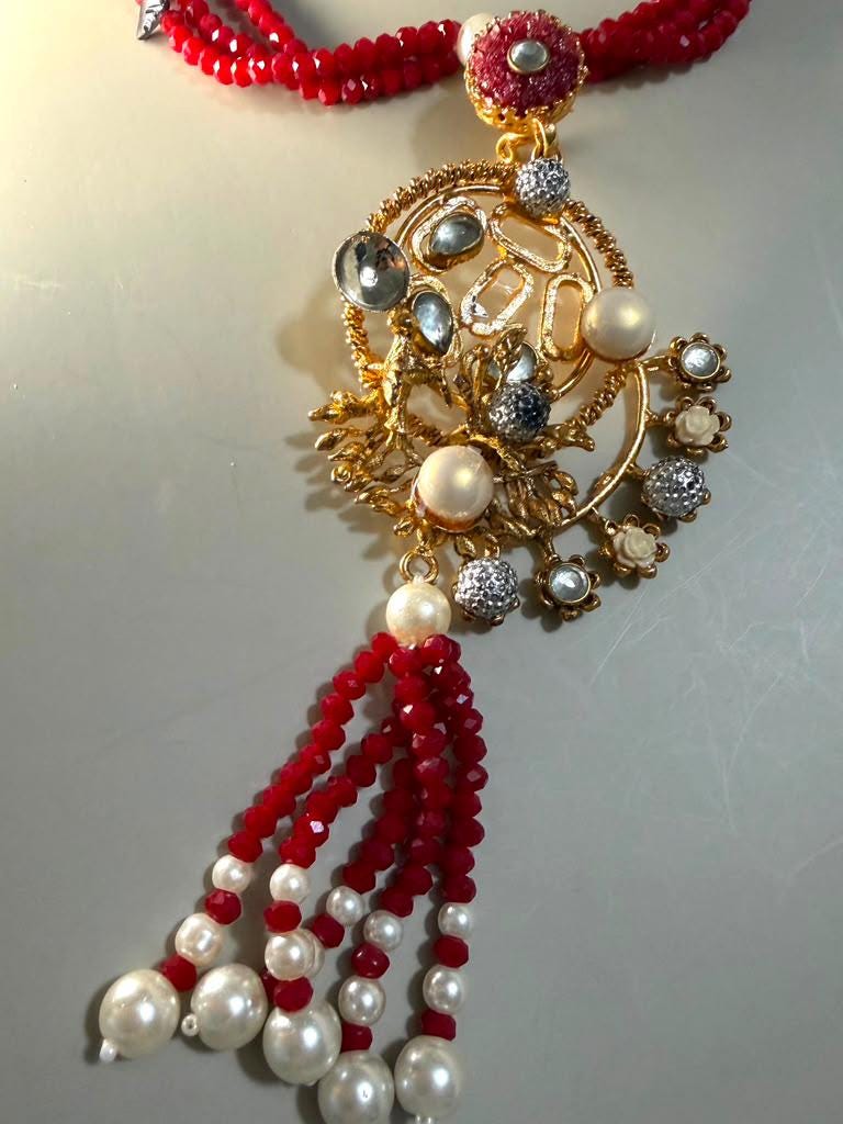 Red Beaded Statement Tassel Necklace for Women, Artisan Pendant Necklace, Ethnic Fusion Jewelry.