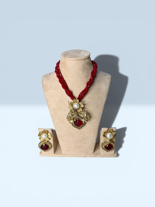 Floral Pearl Pendant Beaded Necklace Set for Women, Handmade Statement Jewelry Set.