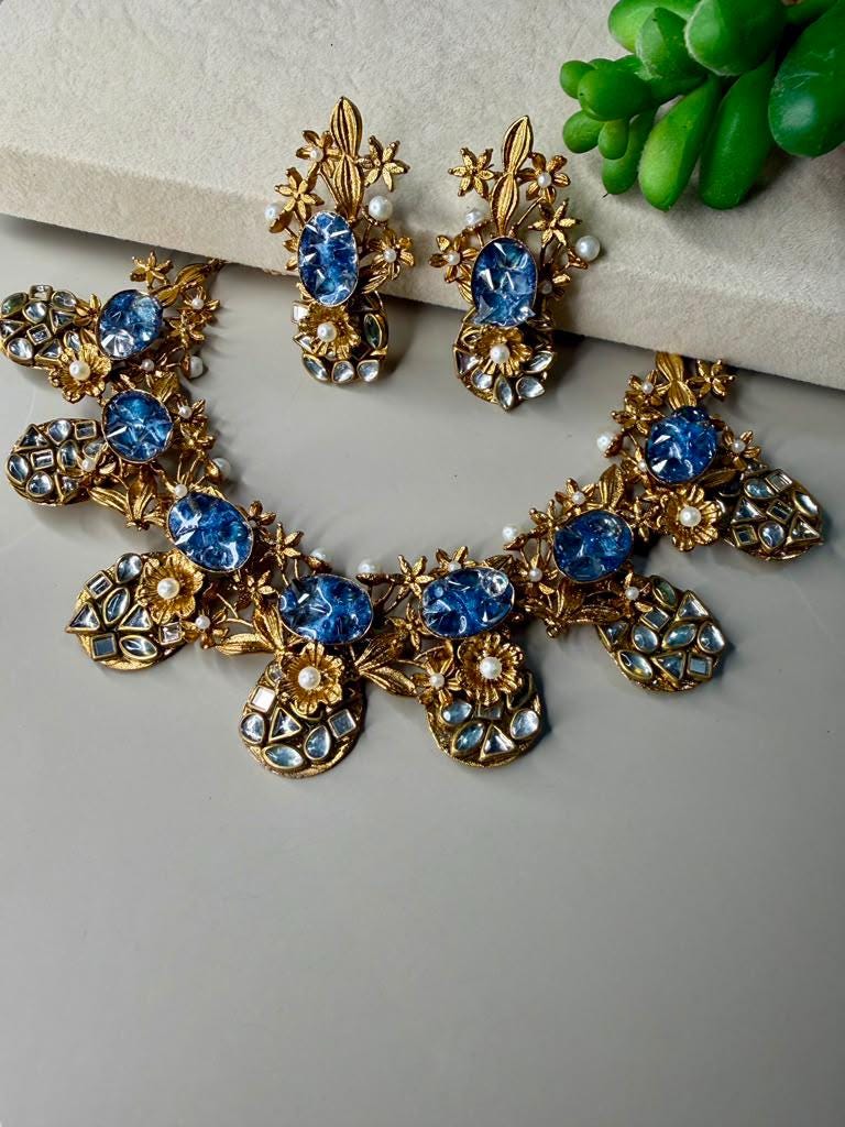 Vintage Botanical Statement Necklace Set, Floral Crystal Collar Necklace with Matching Earrings