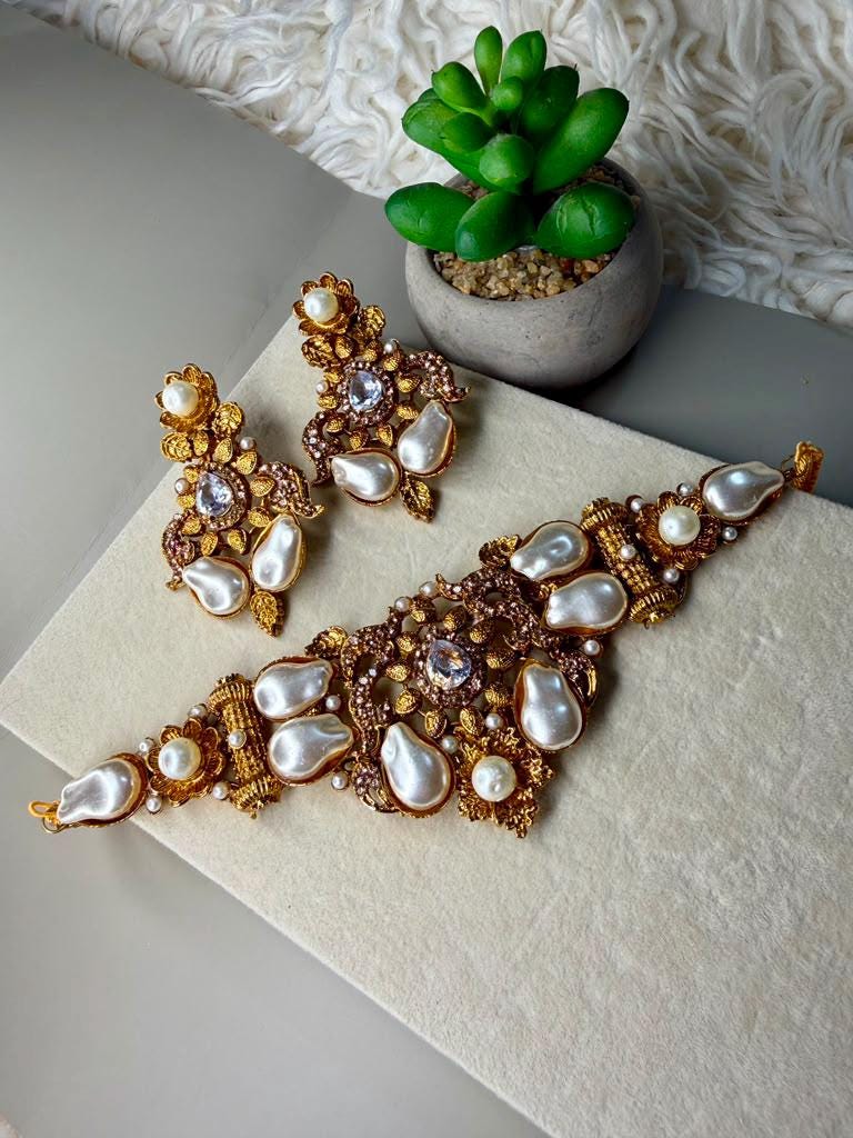 Royal Pearl Jewelry Set, Statement Necklace with Earrings and Tikka, Bridal Ethnic Jewelry.