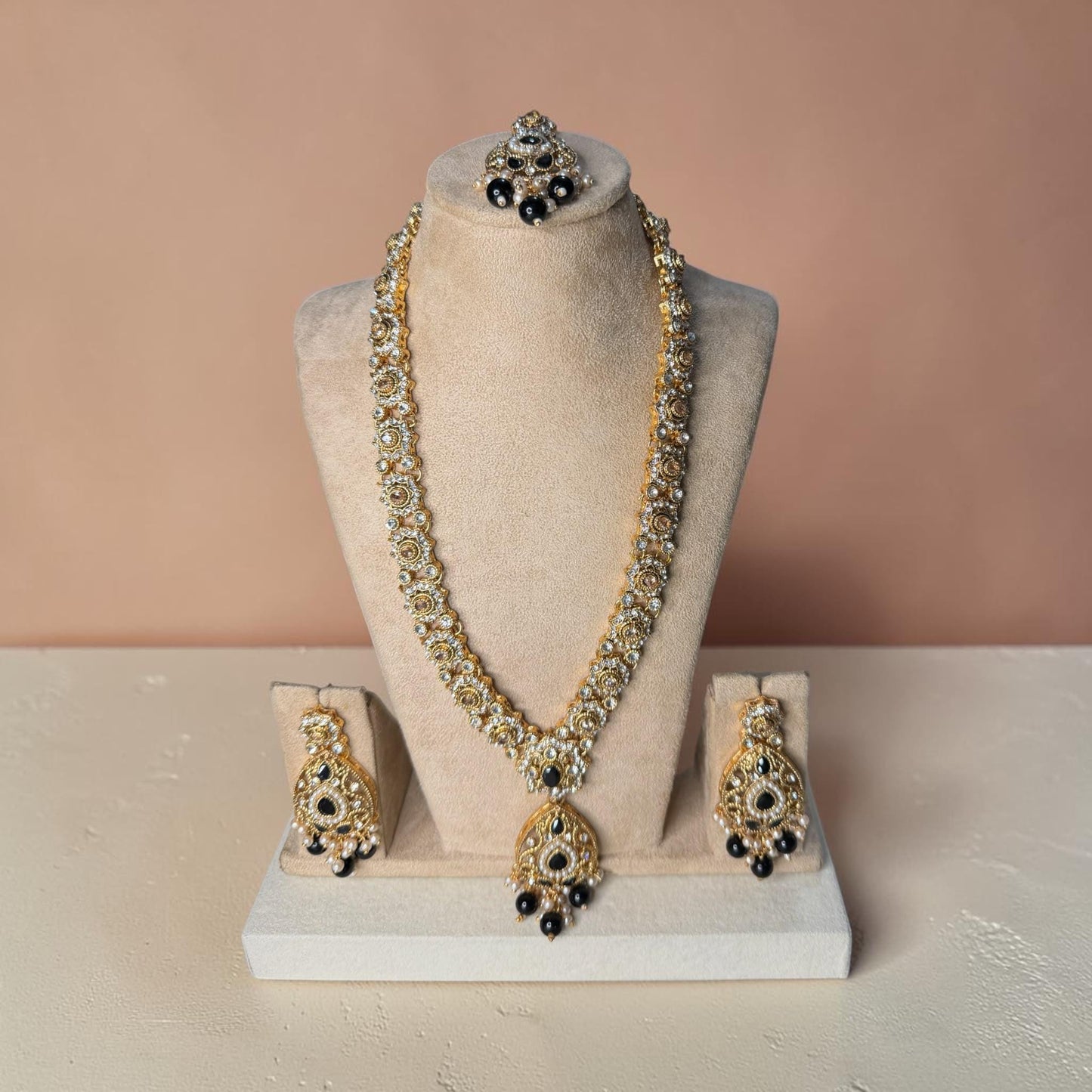 Elegant Black Pearl Necklace Set, Long Statement Necklace with Matching Earrings