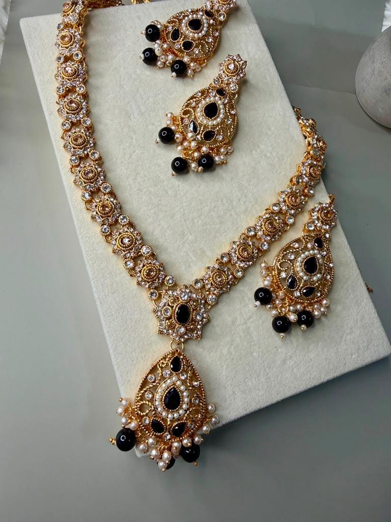 Elegant Black Pearl Necklace Set, Long Statement Necklace with Matching Earrings