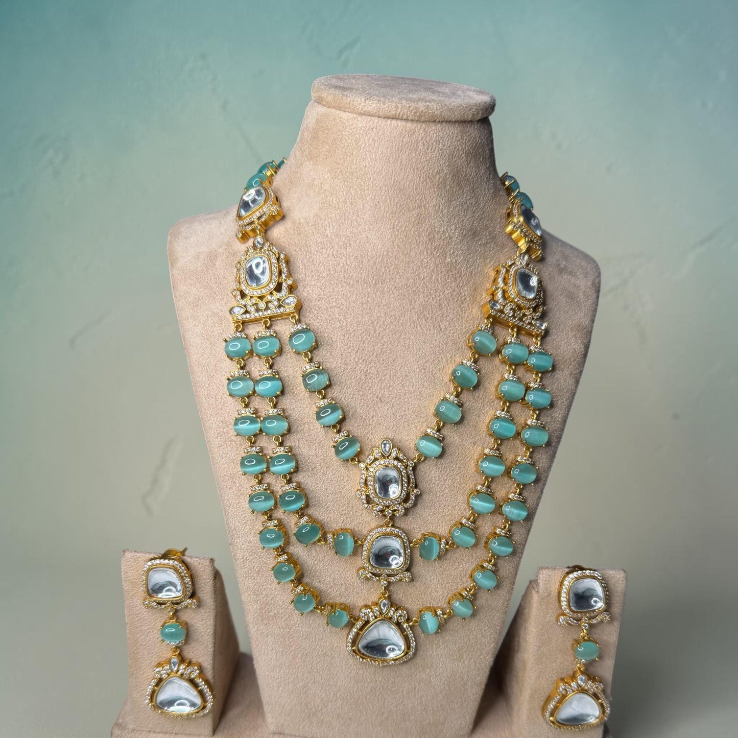 Layered Mint Bead Kundan Necklace Set, Double Strand Statement Jewelry with Earrings