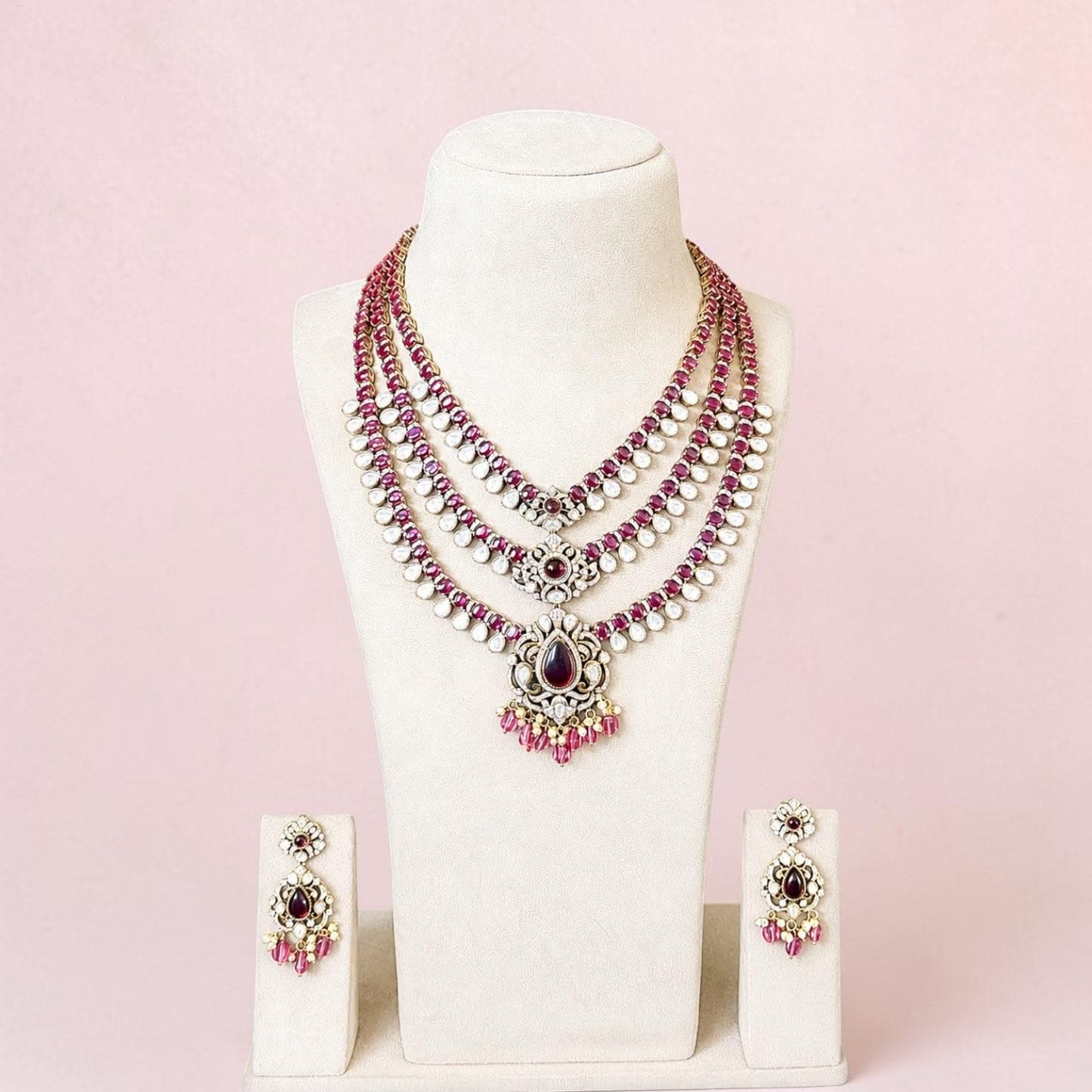 Layered Victorian Pearl Necklace Set, Multi Strand Bridal Jewelry Set, Statement wedding set