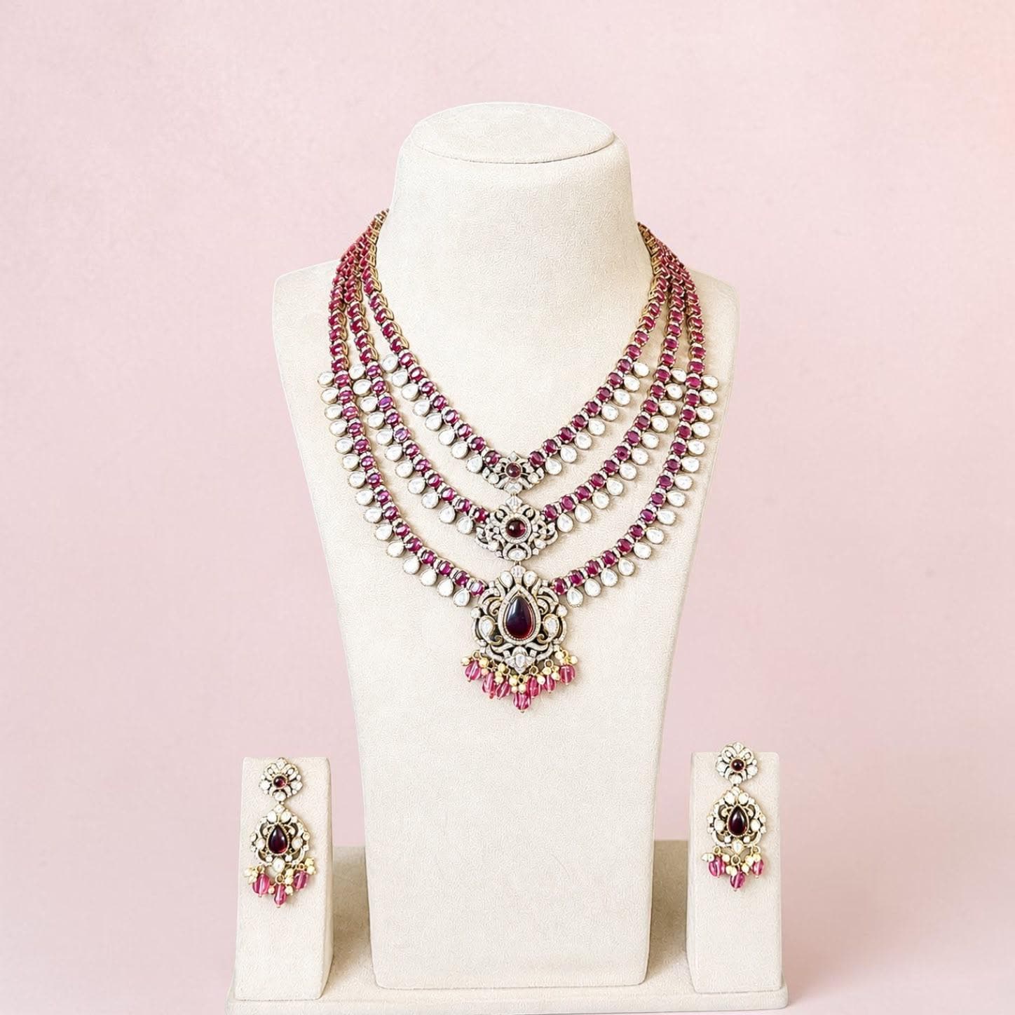 Layered Victorian Pearl Necklace Set, Multi Strand Bridal Jewelry Set, Statement wedding set