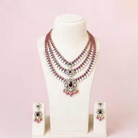 Layered Victorian Pearl Necklace Set, Multi Strand Bridal Jewelry Set, Statement wedding set