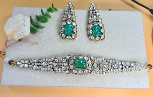 Emerald Polki Choker Set, Bridal Statement Choker Necklace with Earrings, Wedding Reception Jewelry