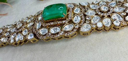 Emerald Polki Choker Set, Bridal Statement Choker Necklace with Earrings, Wedding Reception Jewelry