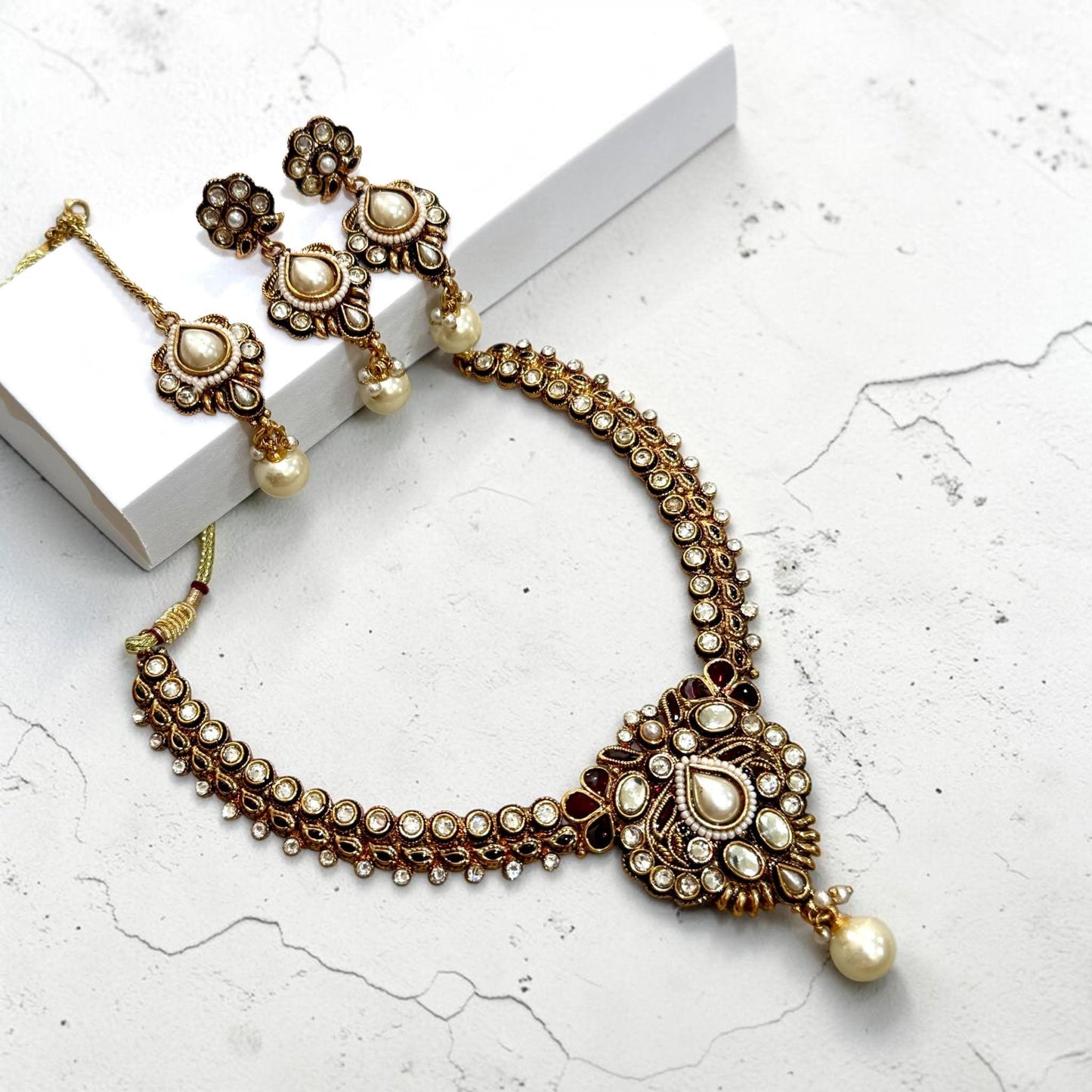 Pearl Polki Choker Set, Antique Bridal Necklace with Earrings, Traditional Wedding Jewelry Set