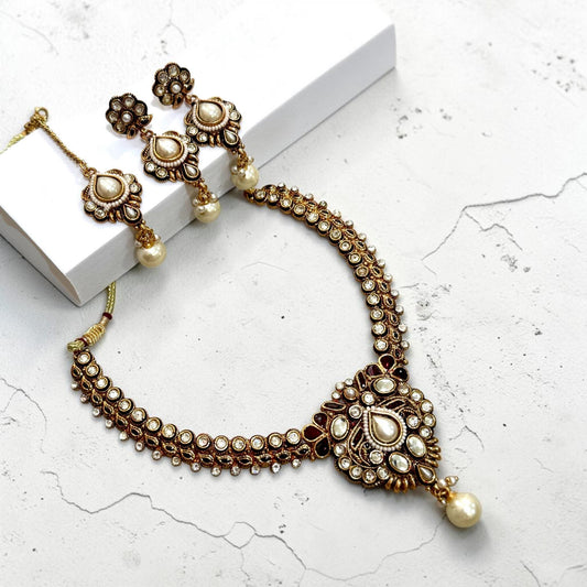 Pearl Polki Choker Set, Antique Bridal Necklace with Earrings, Traditional Wedding Jewelry Set