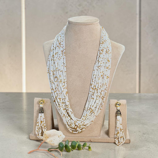 Layered Seed Bead Necklace Set, Long Statement Necklace with Tassel Earrings, Ethnic Wedding Jewelry