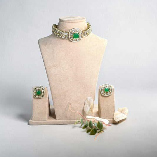 Emerald Inspired Kundan Choker Set, Crystal Bridal Necklace, Elegant Wedding Jewelry with Matching Earrings