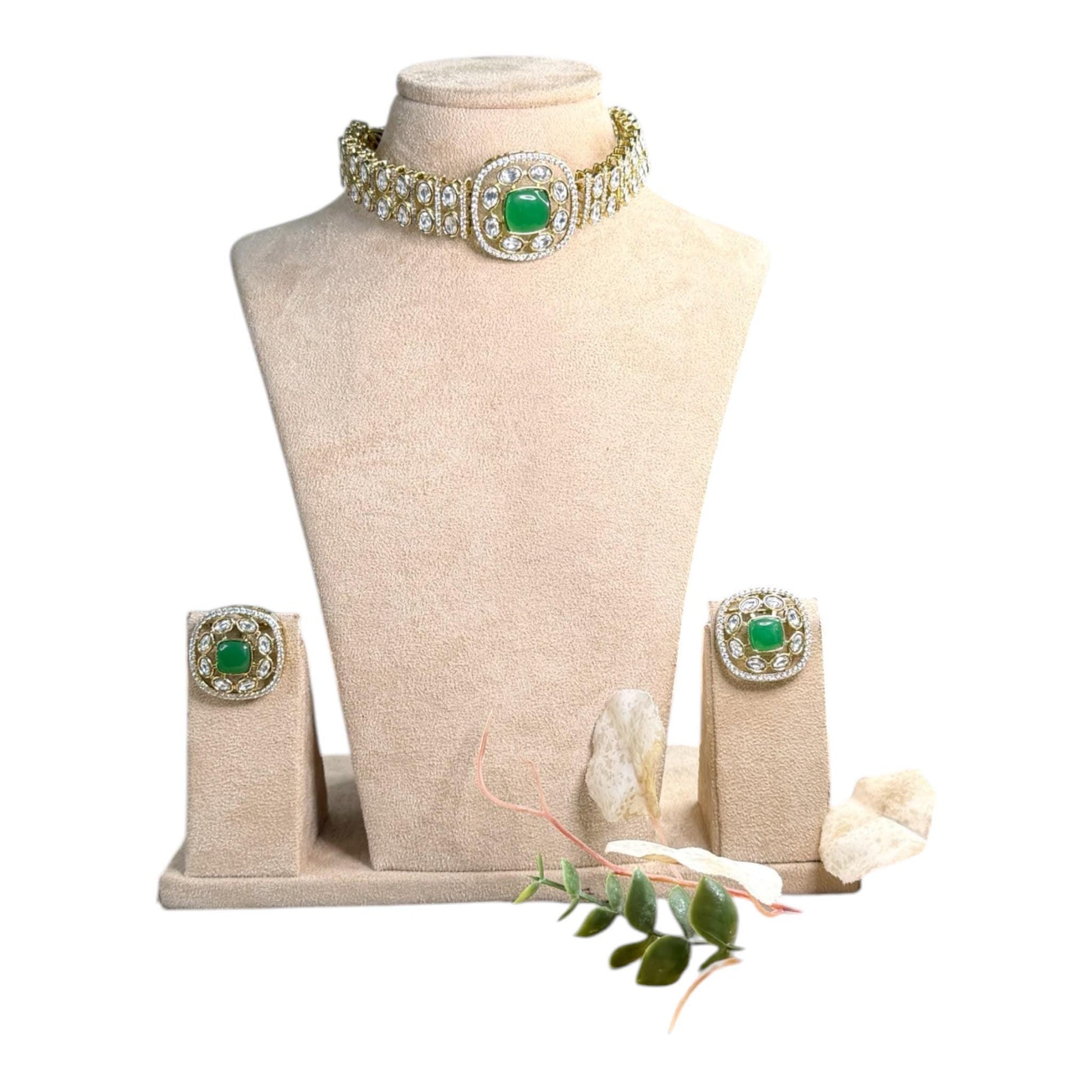 Emerald Inspired Kundan Choker Set, Crystal Bridal Necklace, Elegant Wedding Jewelry with Matching Earrings