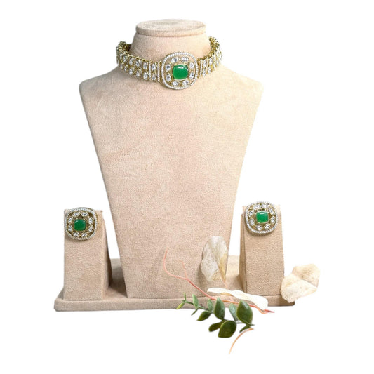 Emerald Inspired Kundan Choker Set, Crystal Bridal Necklace, Elegant Wedding Jewelry with Matching Earrings