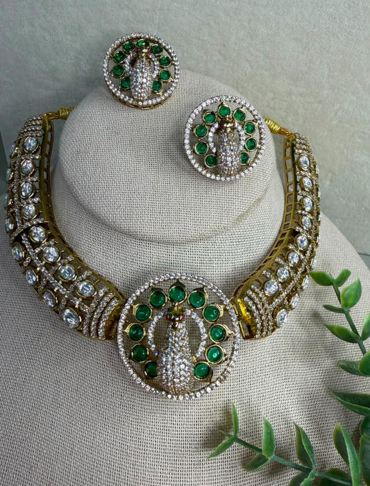 Peacock Bridal Choker Set, Emerald Inspired Statement Necklace, Wedding Jewelry Set with Matching Stud