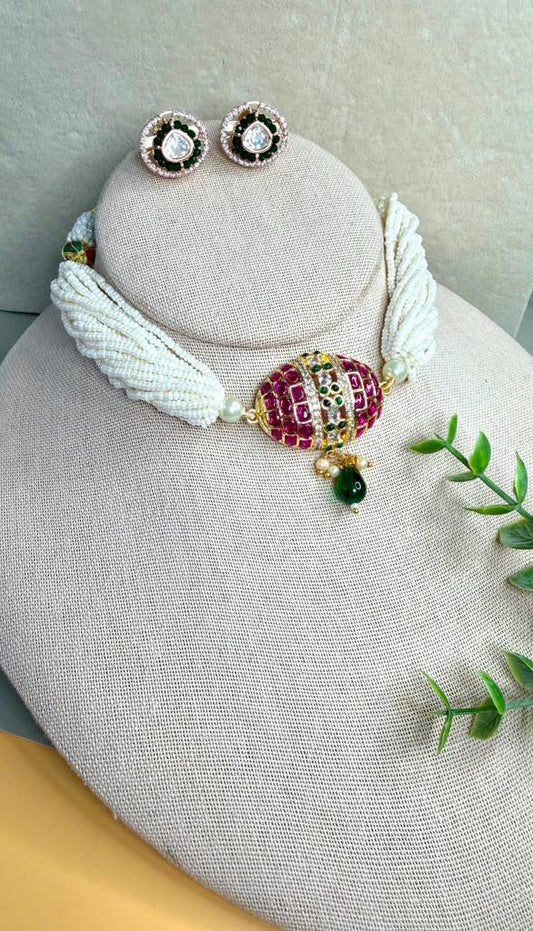 Multi Strand Beaded Choker Necklace, Kundan Statement Jewelry Set, Bridal Wedding Necklace with Stud