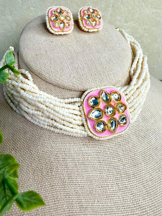 Pink Kundan Beaded Choker Set, Multi Strand Pearl Necklace, Bridal Wedding Jewelry
