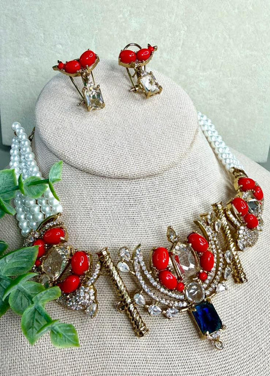 Pearl Statement Choker Necklace Set, Coral Inspired Bridal Jewelry, Wedding Set