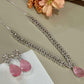 Silver Tone CZ Pendant Necklace Set, Pink Teardrop Bridal Jewelry Set