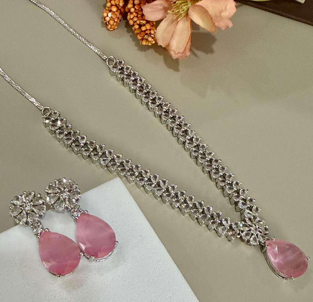 Silver Tone CZ Pendant Necklace Set, Pink Teardrop Bridal Jewelry Set