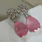 Silver Tone CZ Pendant Necklace Set, Pink Teardrop Bridal Jewelry Set